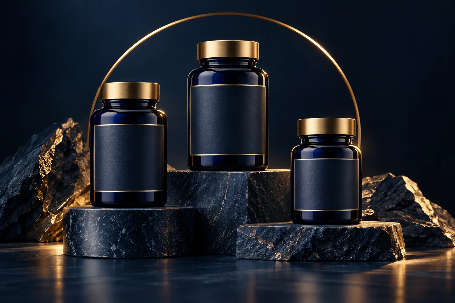 Navy supplement bottles with gold caps